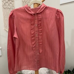 Vintage Style Coral Sheer Ruffle Blouse Peter Pan Collar / Small / Medium